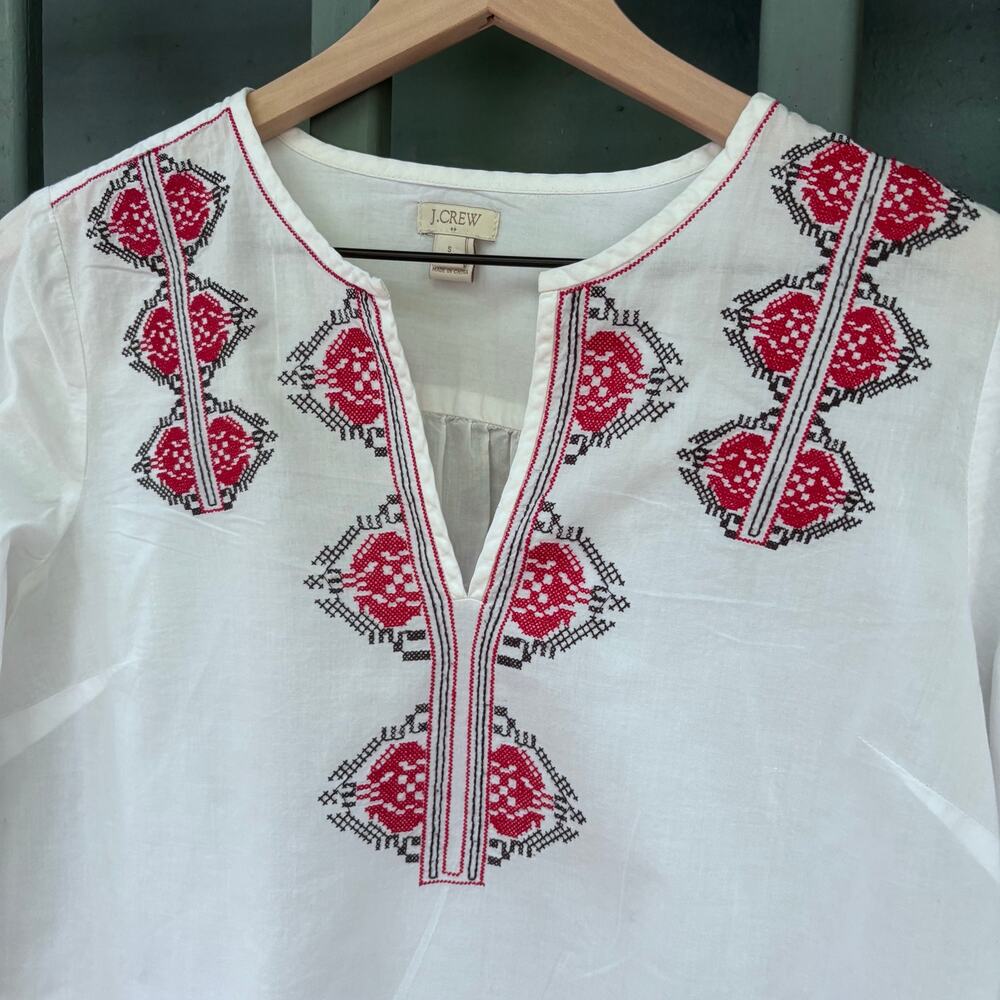 J Crew Embroidered Boho Peasant Blouse V-Neck Size S Cottage Nordic Folk - Picture 2 of 5